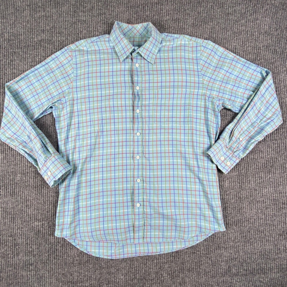 Patrick Assaraf Button Up Shirt Mens Large Blue Plaid Cotton Herringbone Preppy